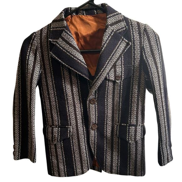 Jack Tar Togs Boys Jacket No Tags Brown Striped Pockets Vtg Pleated Back Slit - Picture 1 of 9